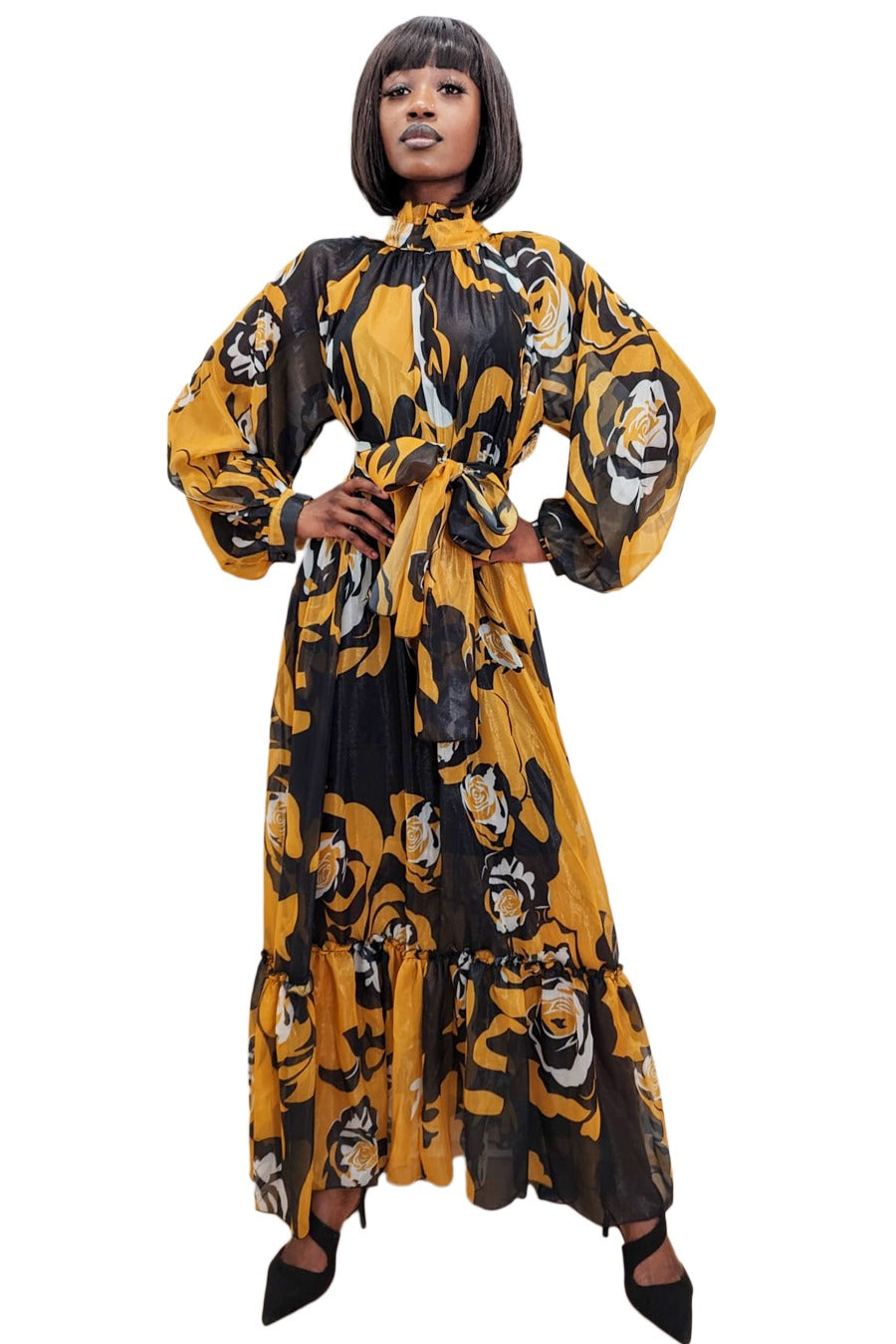 Formal Dresses Long Sleeve Printed Wrap Belt High Neck Dress Black Yellow