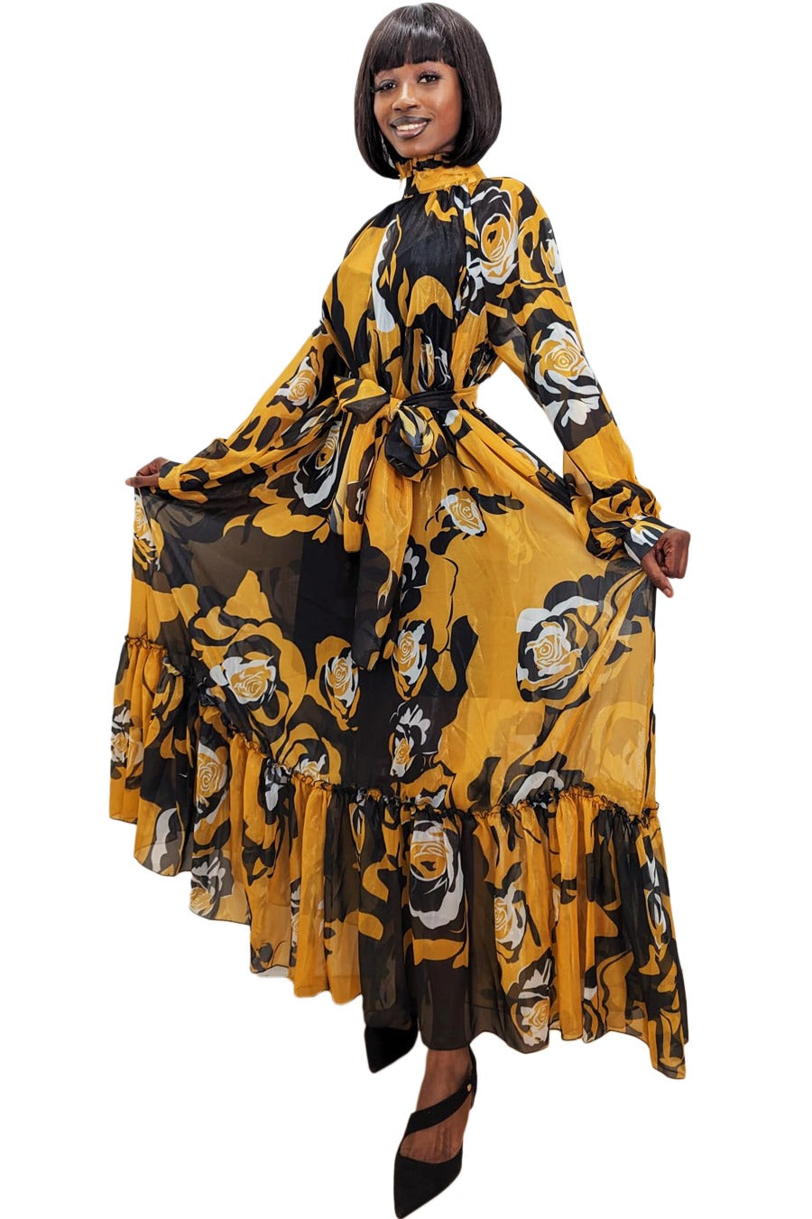 Formal Dresses Long Sleeve Printed Wrap Belt High Neck Dress Black Yellow