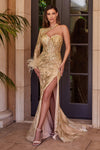 Formal Dresses Long One Shoulder Mermaid Feather Trim Dress Champagne