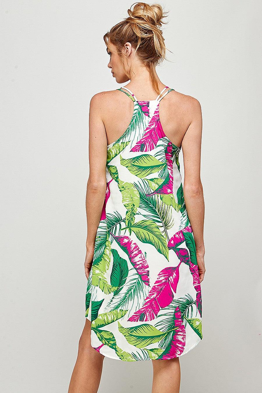 Cocktail Dresses High Low Tropical Print Dress White/Fuchsia