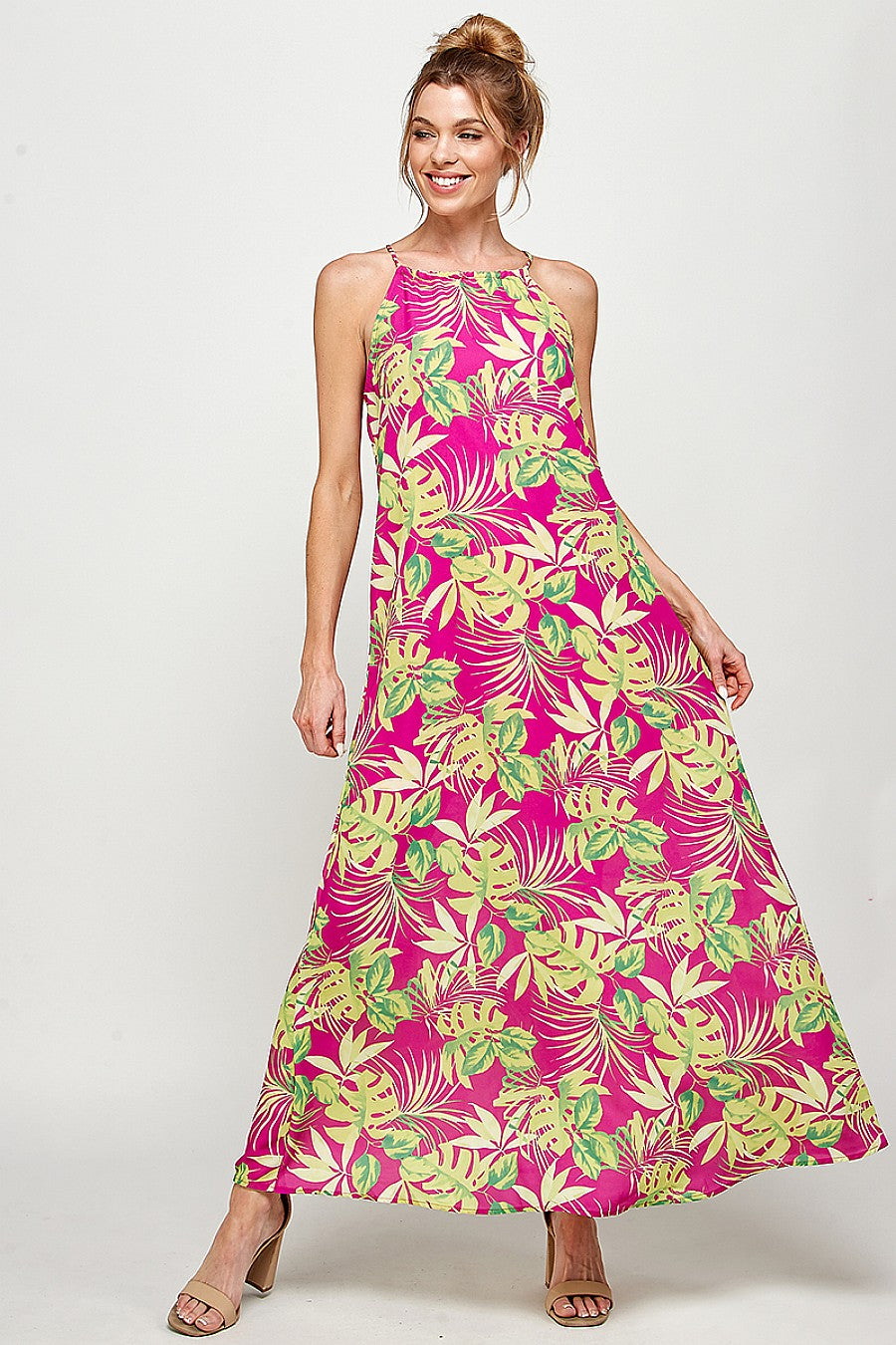 Formal Dresses Long Tropical Print Maxi Dress Fuchsia