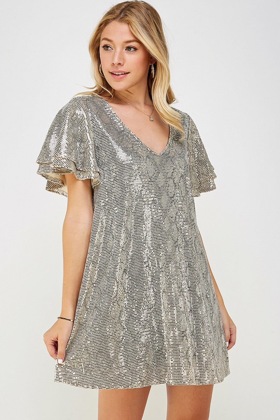 Cocktail Dresses Short Ruffle Sleeve Snake Print Flare Dress Champagne