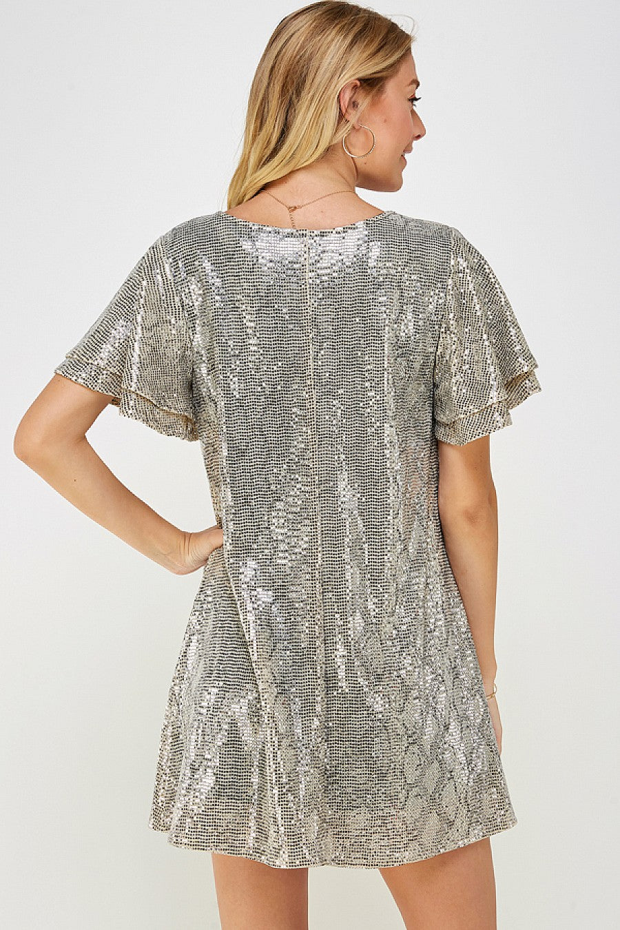 Cocktail Dresses Short Ruffle Sleeve Snake Print Flare Dress Champagne