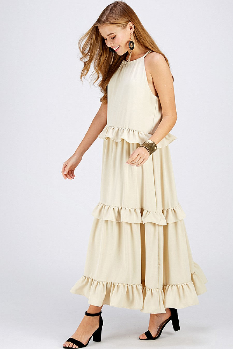 Formal Dresses Long Halter Neck Ruffled Maxi Dress Light Taupe