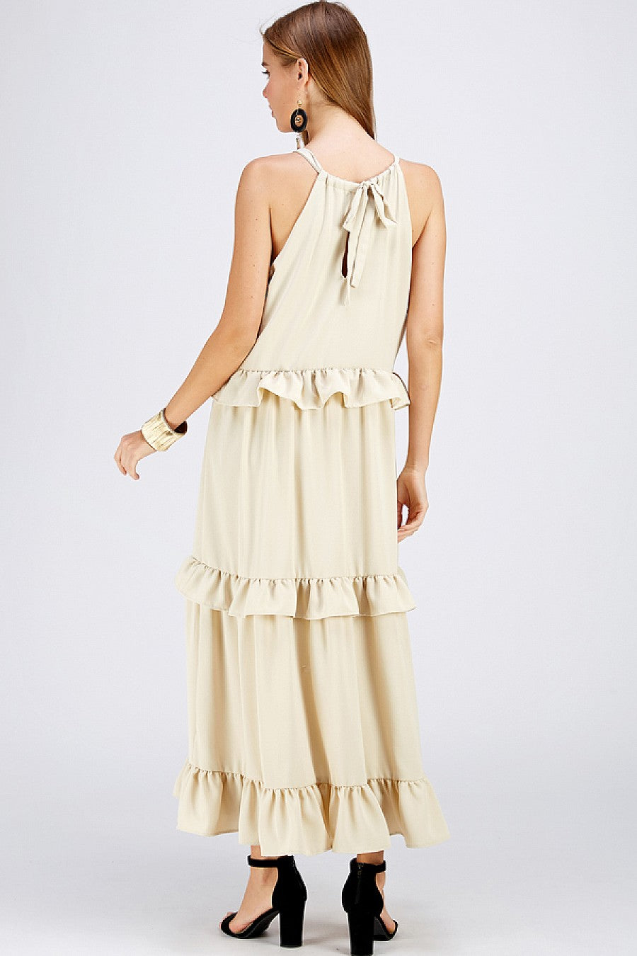 Formal Dresses Long Halter Neck Ruffled Maxi Dress Light Taupe