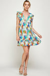 Cocktail Dresses Short Sleeveless Brushed Print Ruffled Dress Cognac/Royal/Green