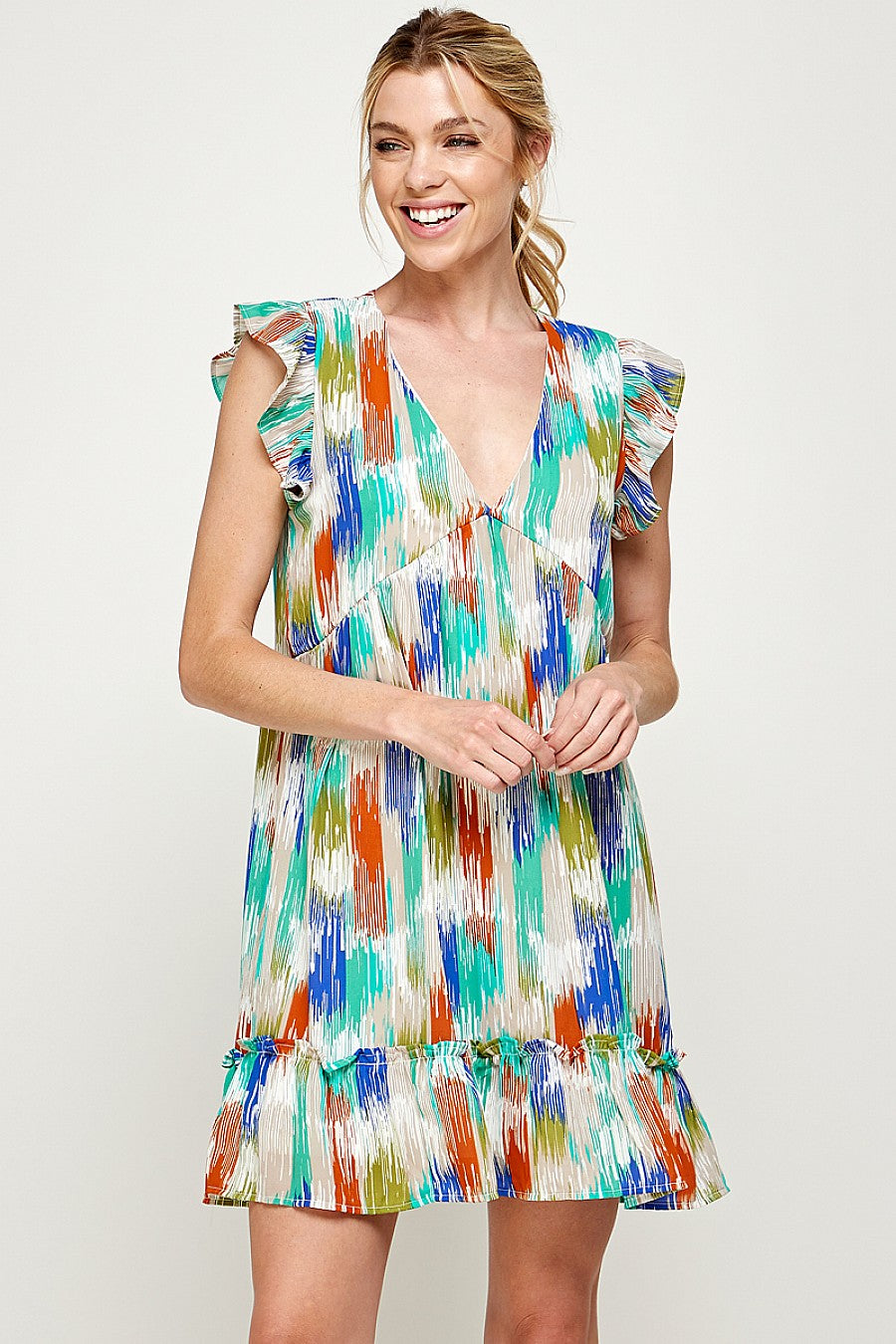 Cocktail Dresses Short Sleeveless Brushed Print Ruffled Dress Cognac/Royal/Green