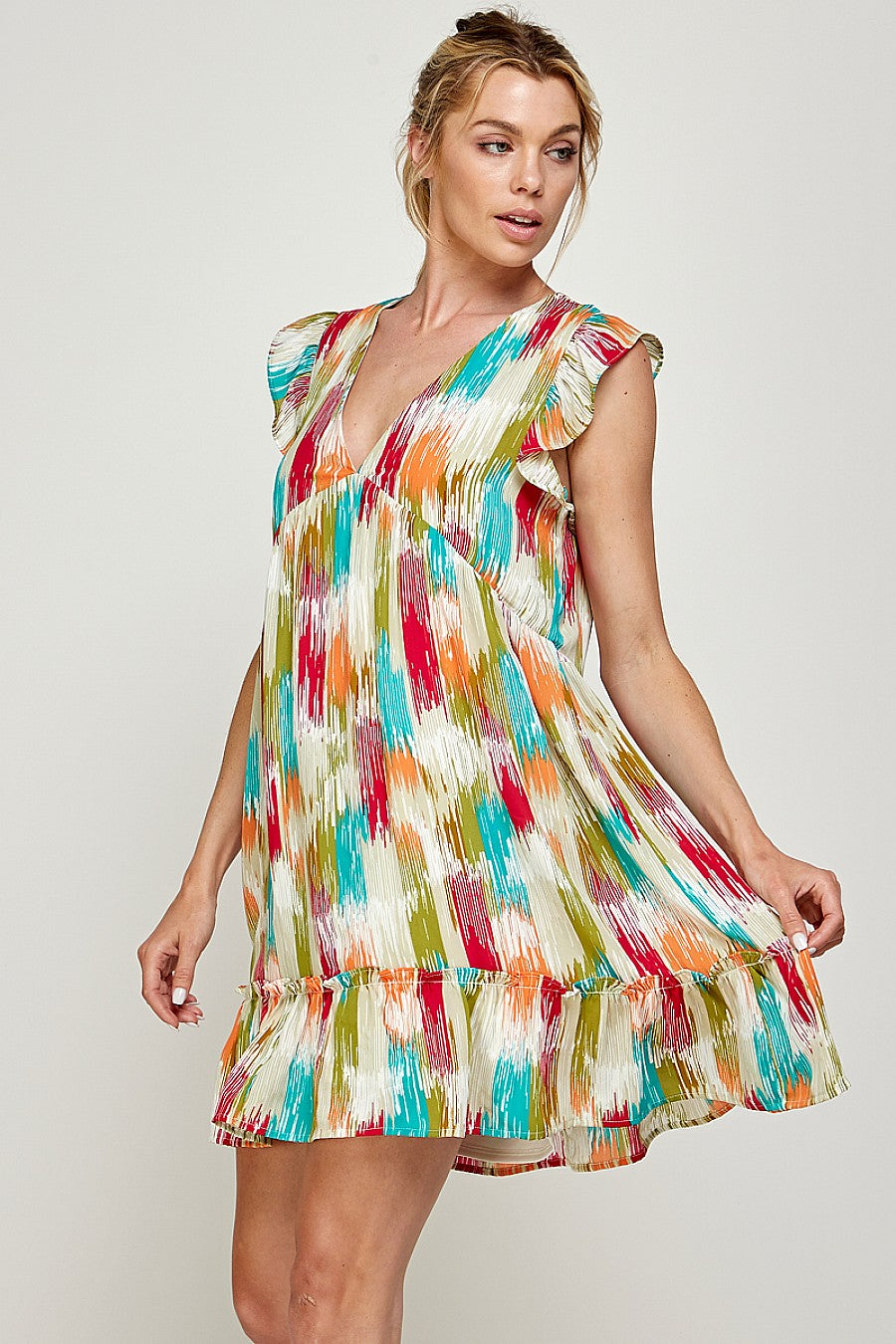 Cocktail Dresses Short Sleeveless Brushed Print Ruffled Dress Magenta/Teal/Olive