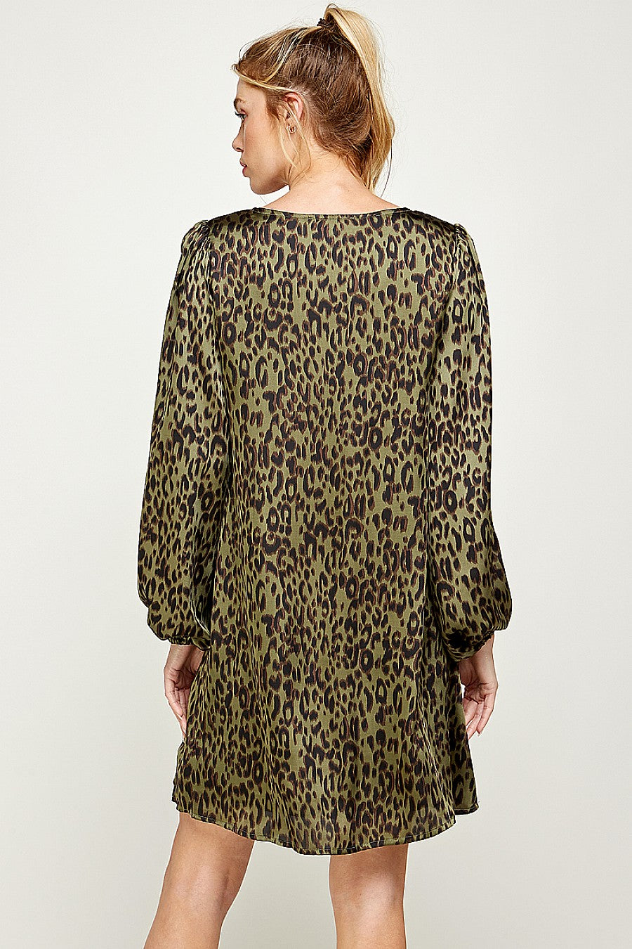 Cocktail Dresses Long Sleeve Leopard Print Satin Dress Olive