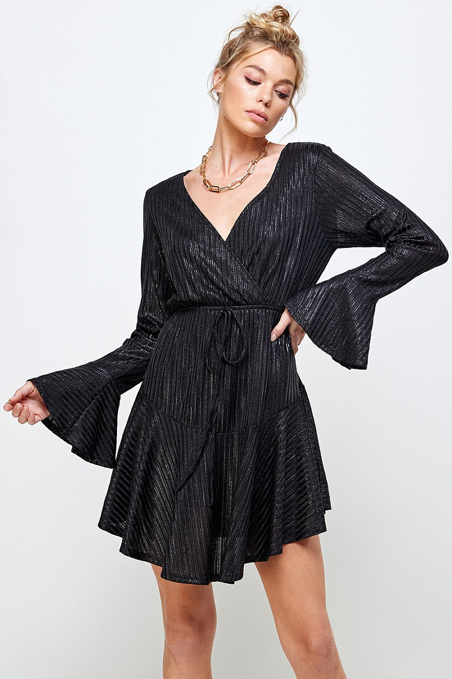 Cocktail Dresses Long Sleeve V Neck Mini Dress Black