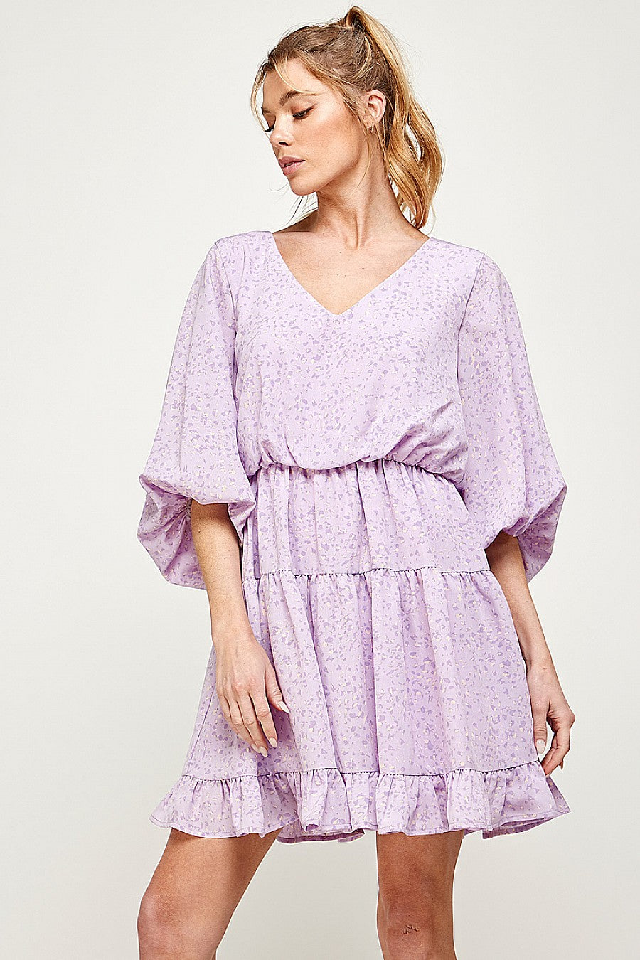 Cocktail Dresses Short Printed Ruffled 3/4 Sleeve Dress Lavender