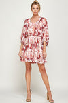 Cocktail Dresses Short 3/4 Sleeve V Neck Printed Dress Cognac