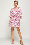 Cocktail Dresses Short 3/4 Sleeve V Neck Printed Dress Magenta