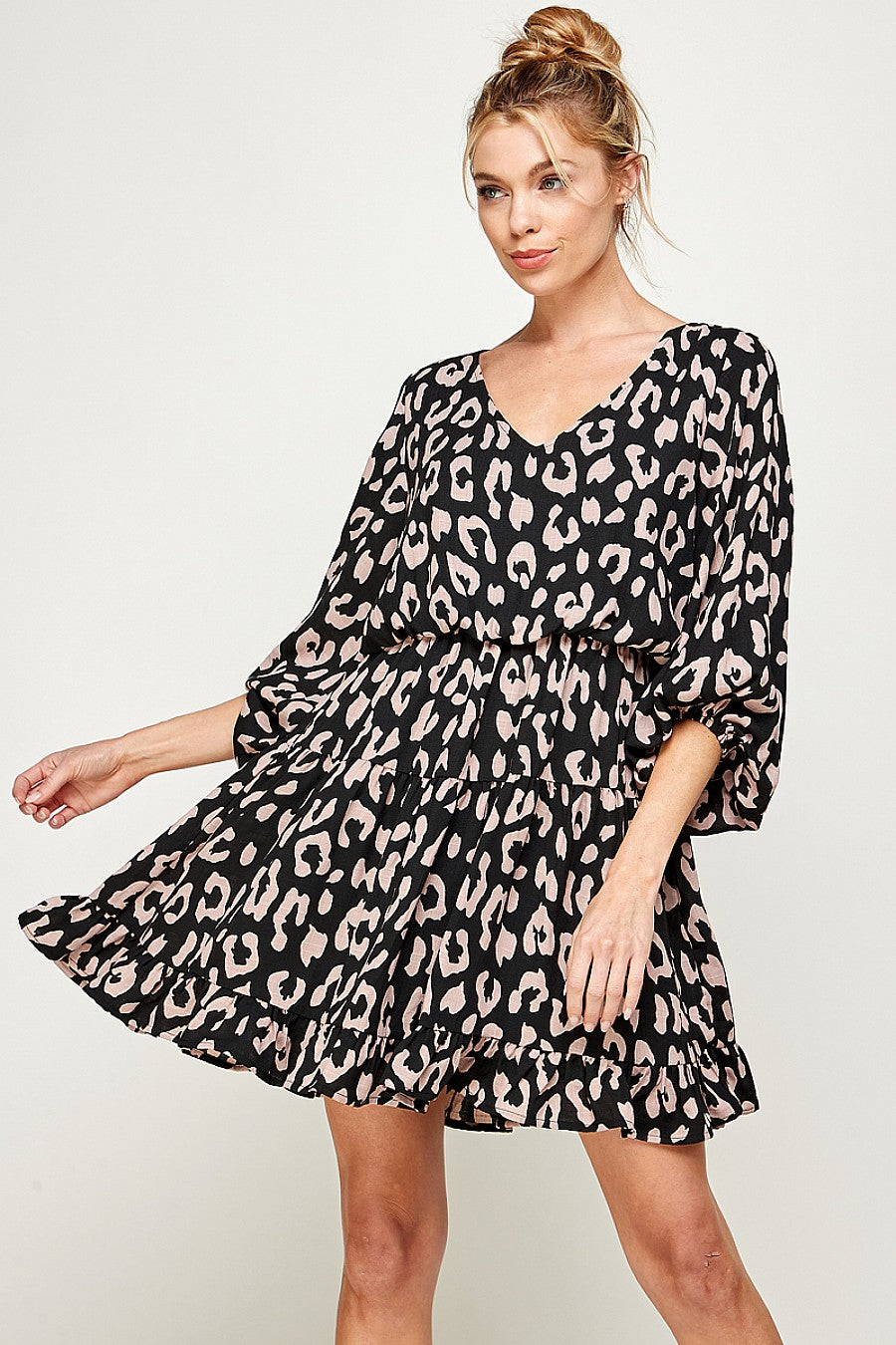 Cocktail Dresses Short 3/4 Sleeve V Neck Printed Dress Black/Mauve