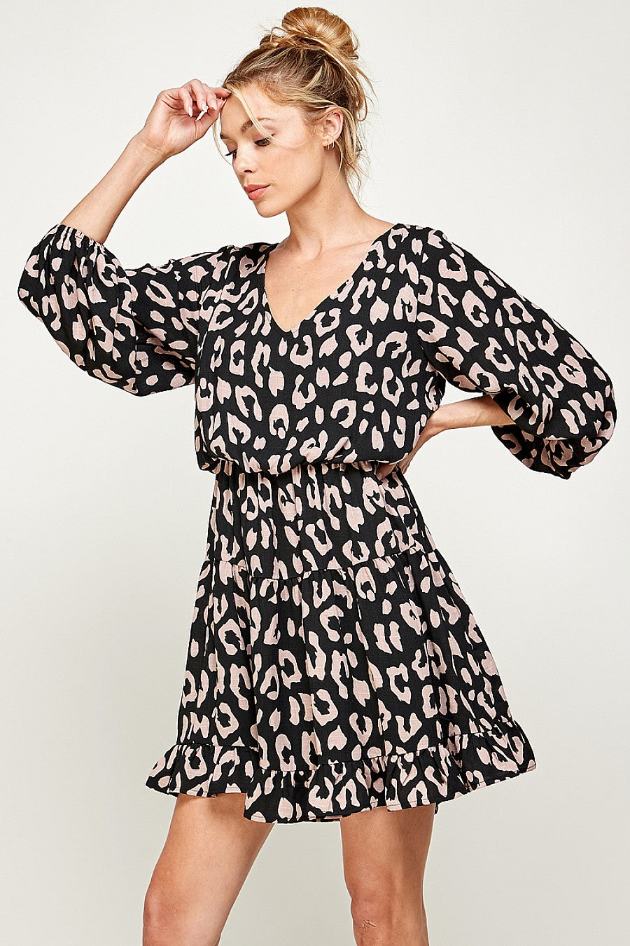 Cocktail Dresses Short 3/4 Sleeve V Neck Printed Dress Black/Mauve