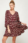 Cocktail Dresses Short 3/4 Sleeve V Neck Printed Dress Burgundy/Mauve