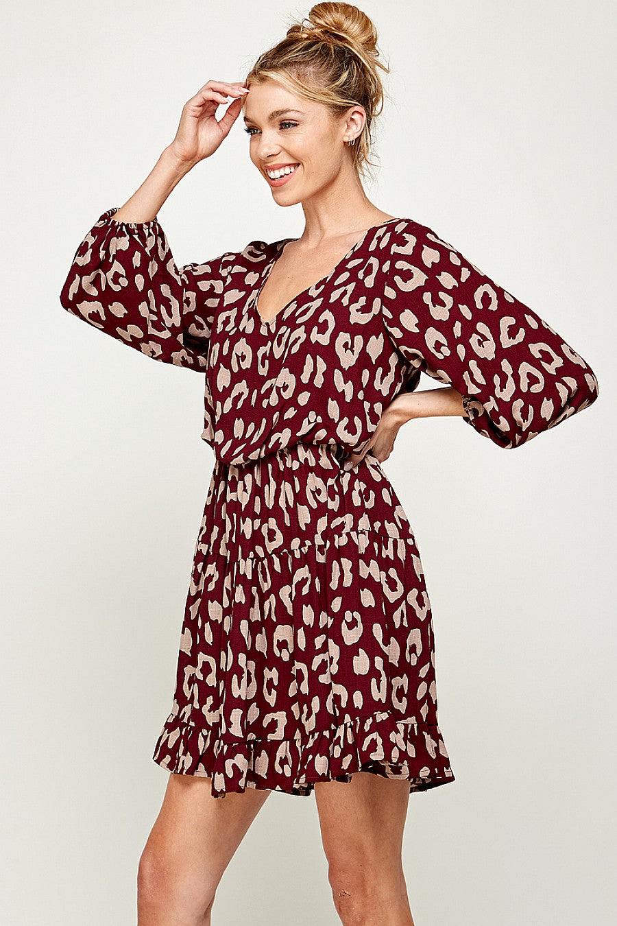 Cocktail Dresses Short 3/4 Sleeve V Neck Printed Dress Burgundy/Mauve