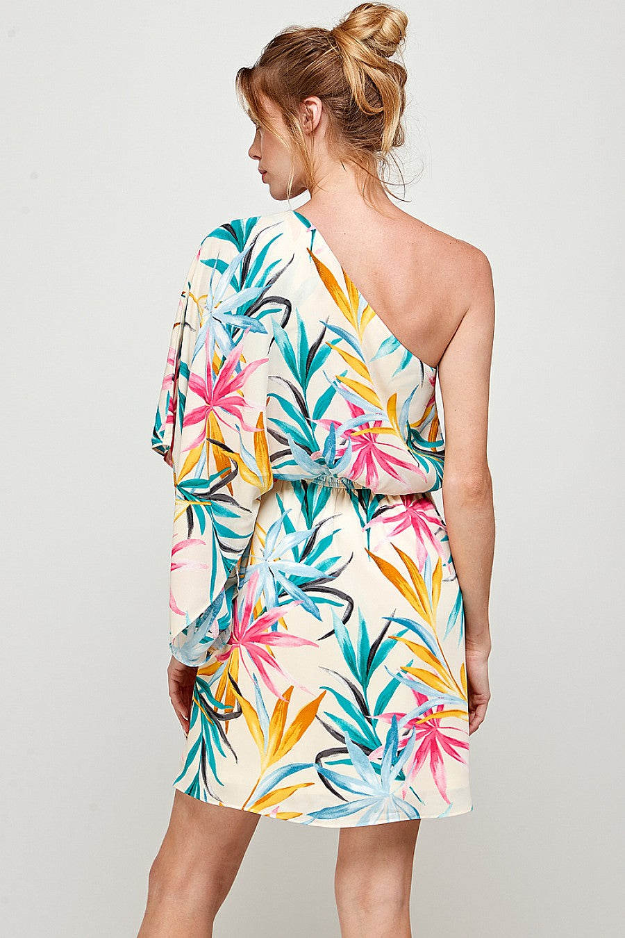 Cocktail Dresses Short One Shoulder Tropical Print Dress Off White