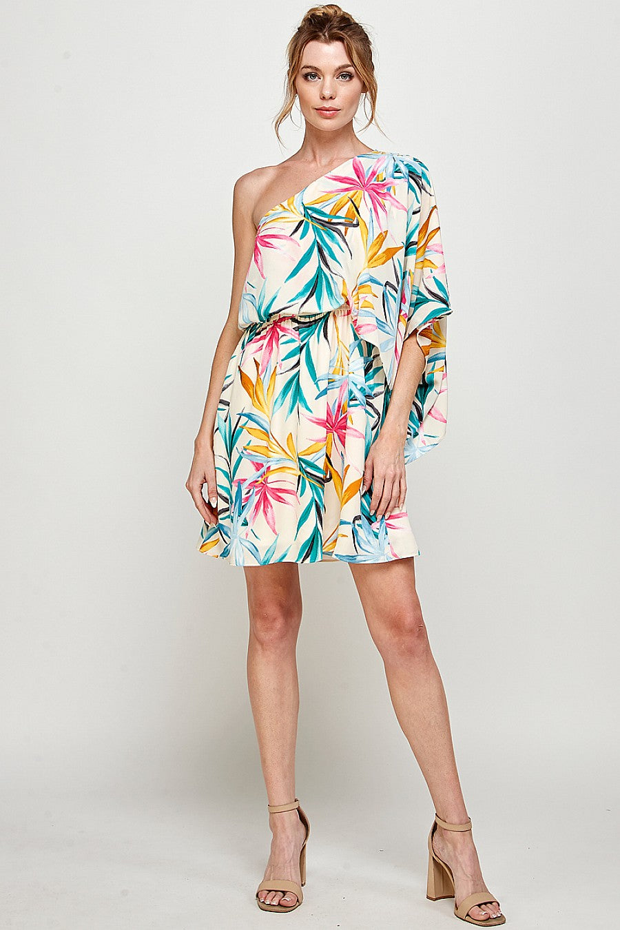 Cocktail Dresses Short One Shoulder Tropical Print Dress Off White