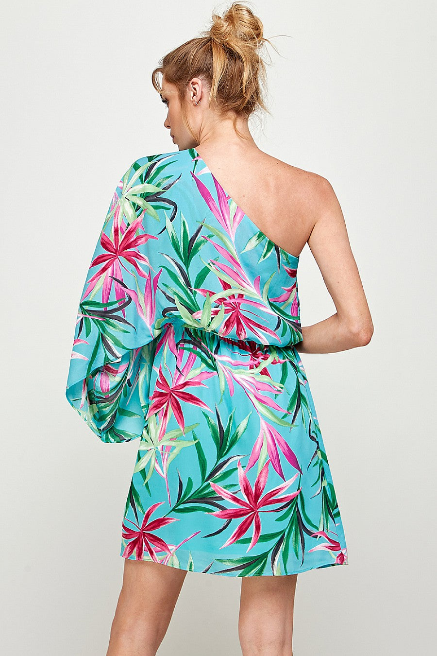 Cocktail Dresses Short One Shoulder Tropical Print Dress Seafoam/Fuchsia