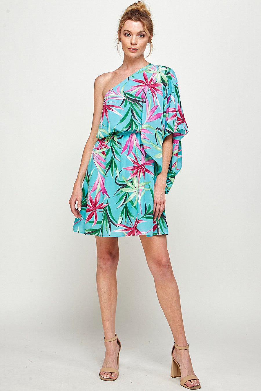 Cocktail Dresses Short One Shoulder Tropical Print Dress Seafoam/Fuchsia