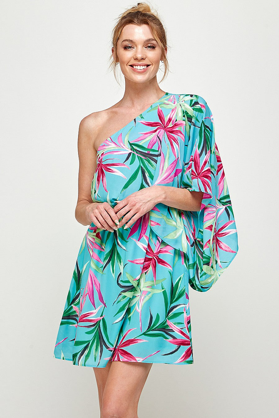 Cocktail Dresses Short One Shoulder Tropical Print Dress Seafoam/Fuchsia