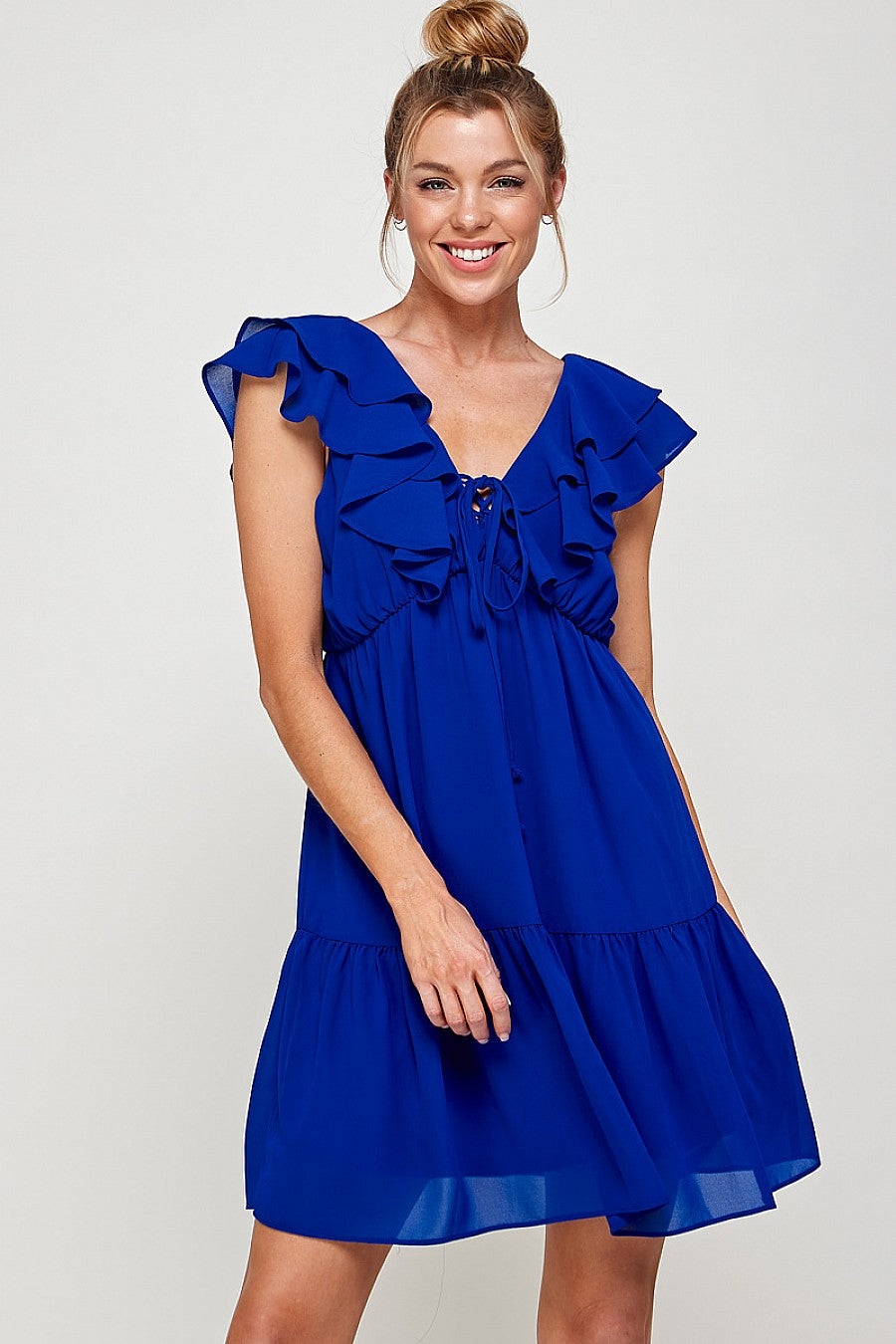 Cocktail Dresses Short V Neck Ruffled Mini Dress Neon Royal