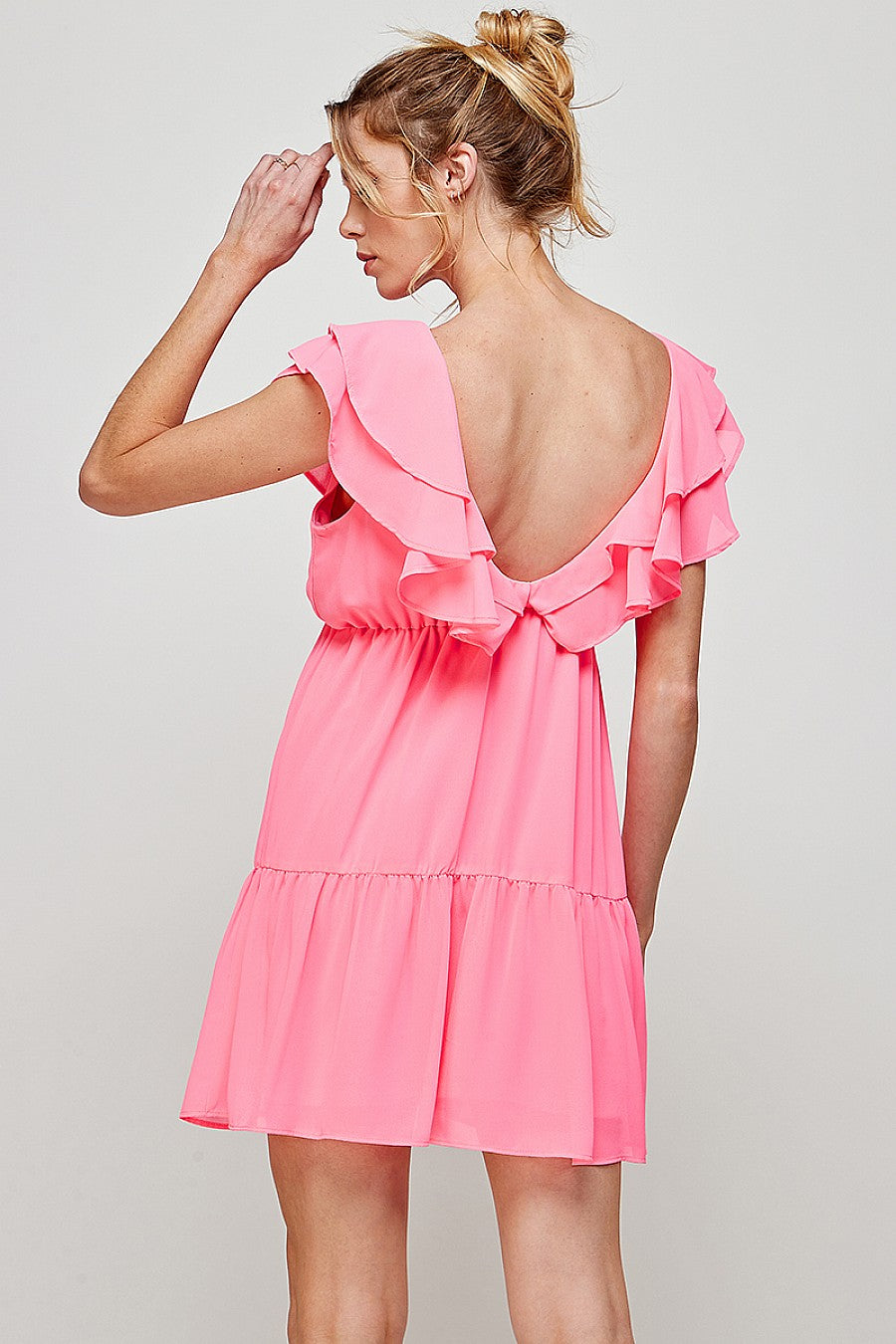 Cocktail Dresses Short V Neck Ruffled Mini Dress Neon Pink