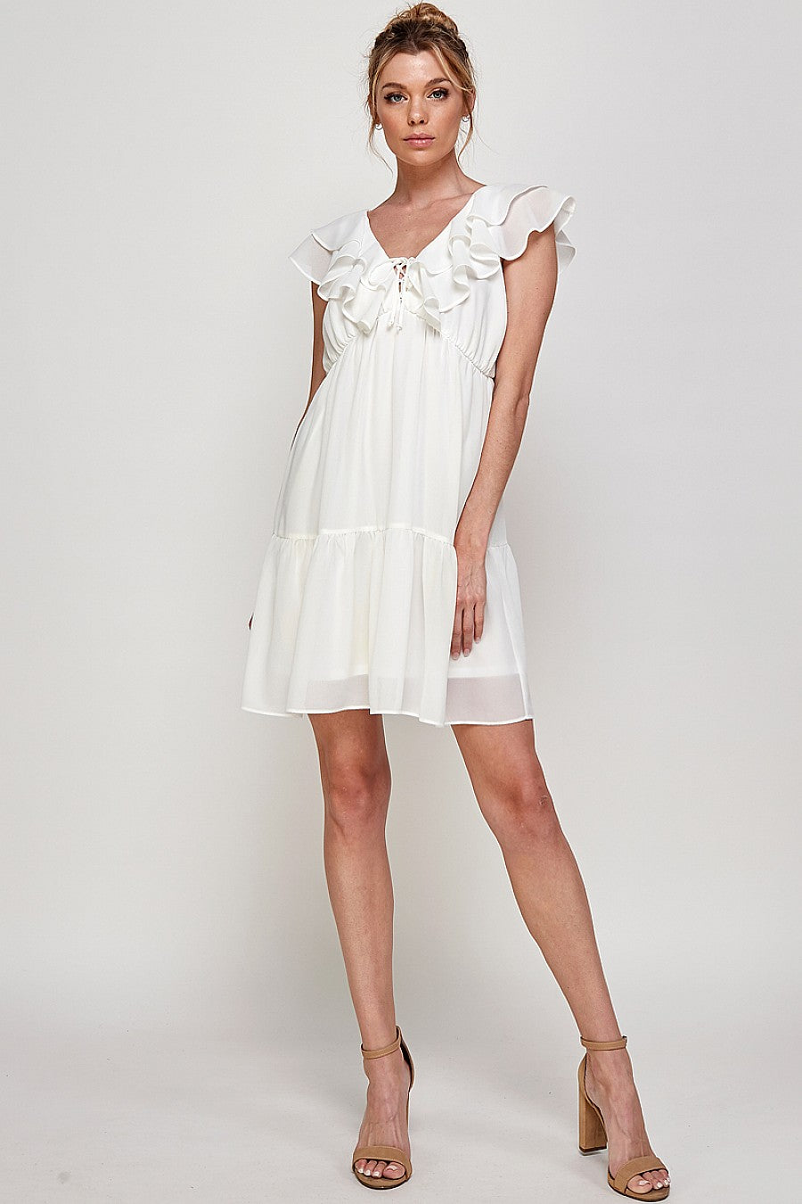 Cocktail Dresses Short V Neck Ruffled Mini Dress Off White