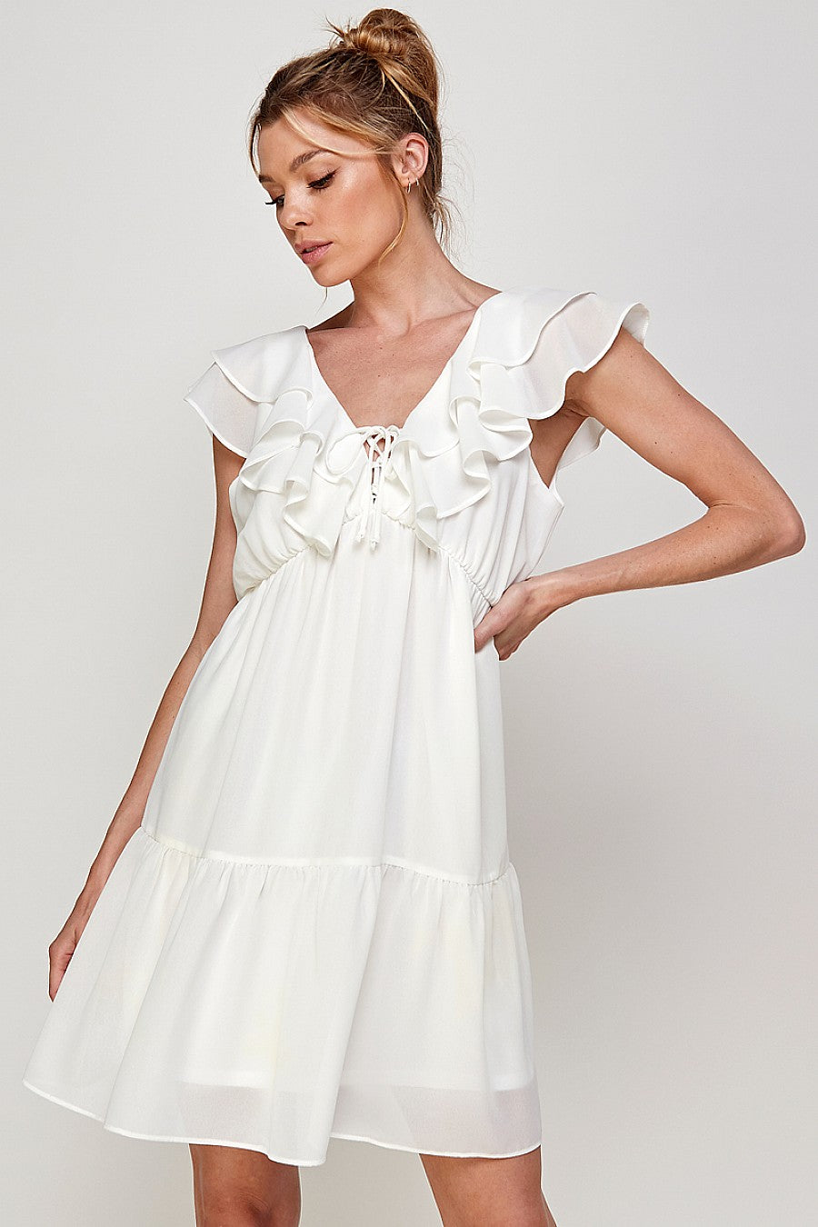 Cocktail Dresses Short V Neck Ruffled Mini Dress Off White