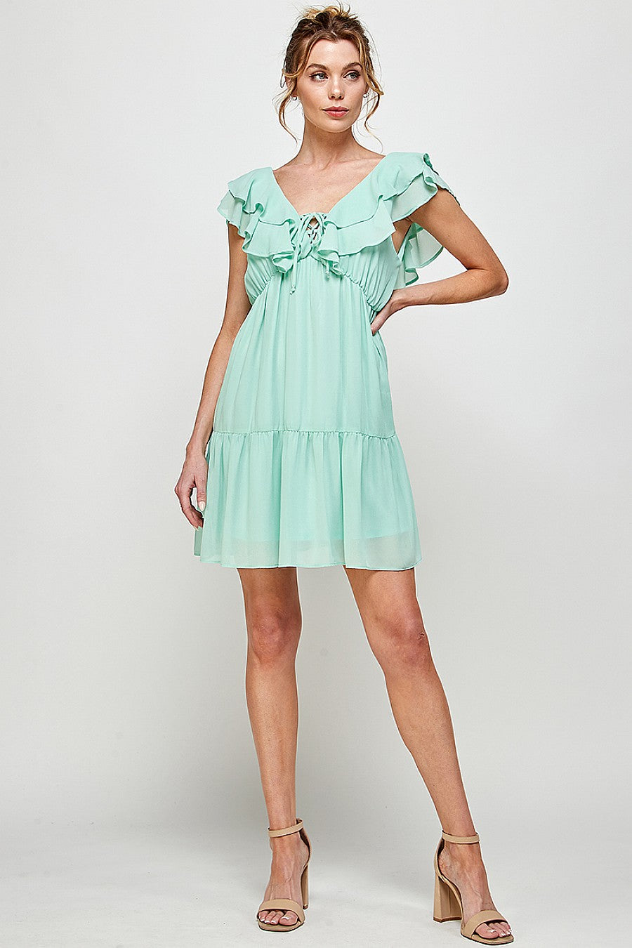 Cocktail Dresses Short V Neck Ruffled Mini Dress Pistachio