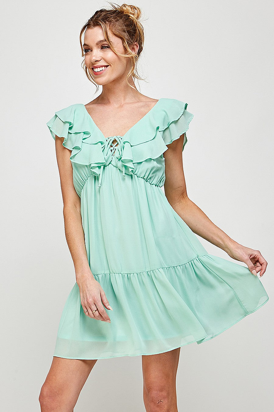 Cocktail Dresses Short V Neck Ruffled Mini Dress Pistachio