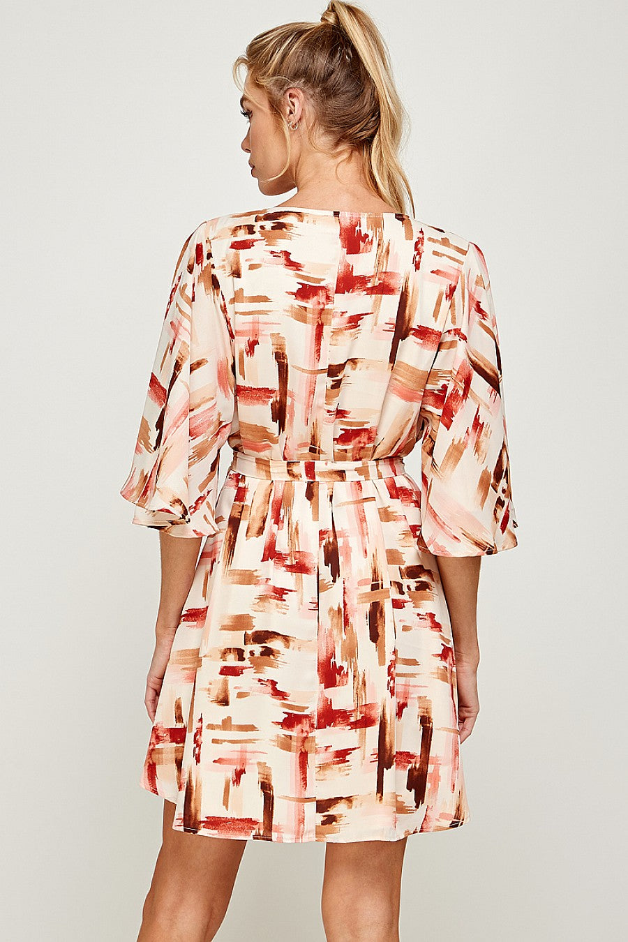 Cocktail Dresses Short V Neck Brushed Print Belt Dress Cognac/Rust