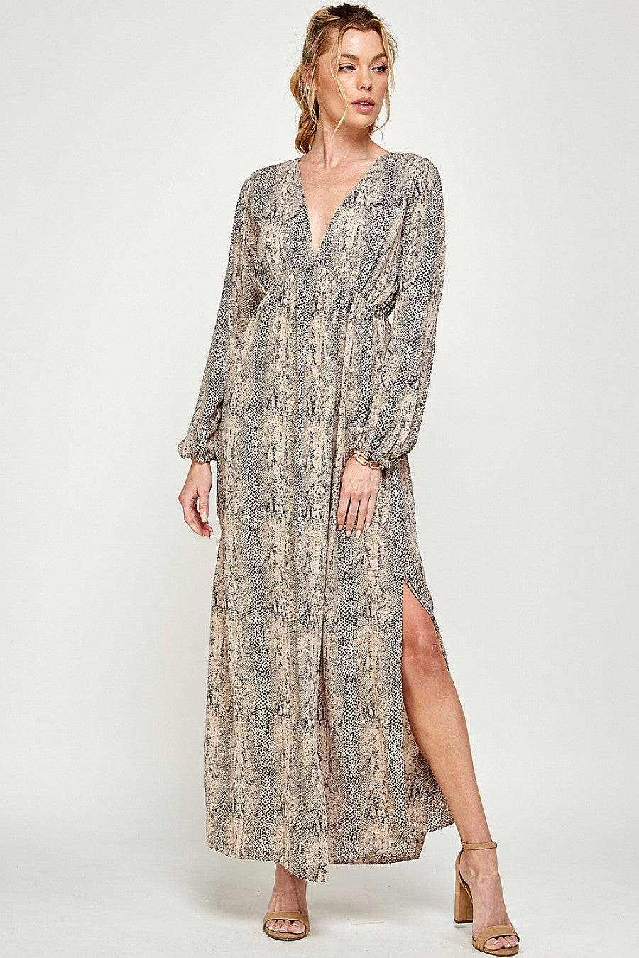 Formal Dresses Long Sleeve Animal Print Maxi Dress Taupe/Black