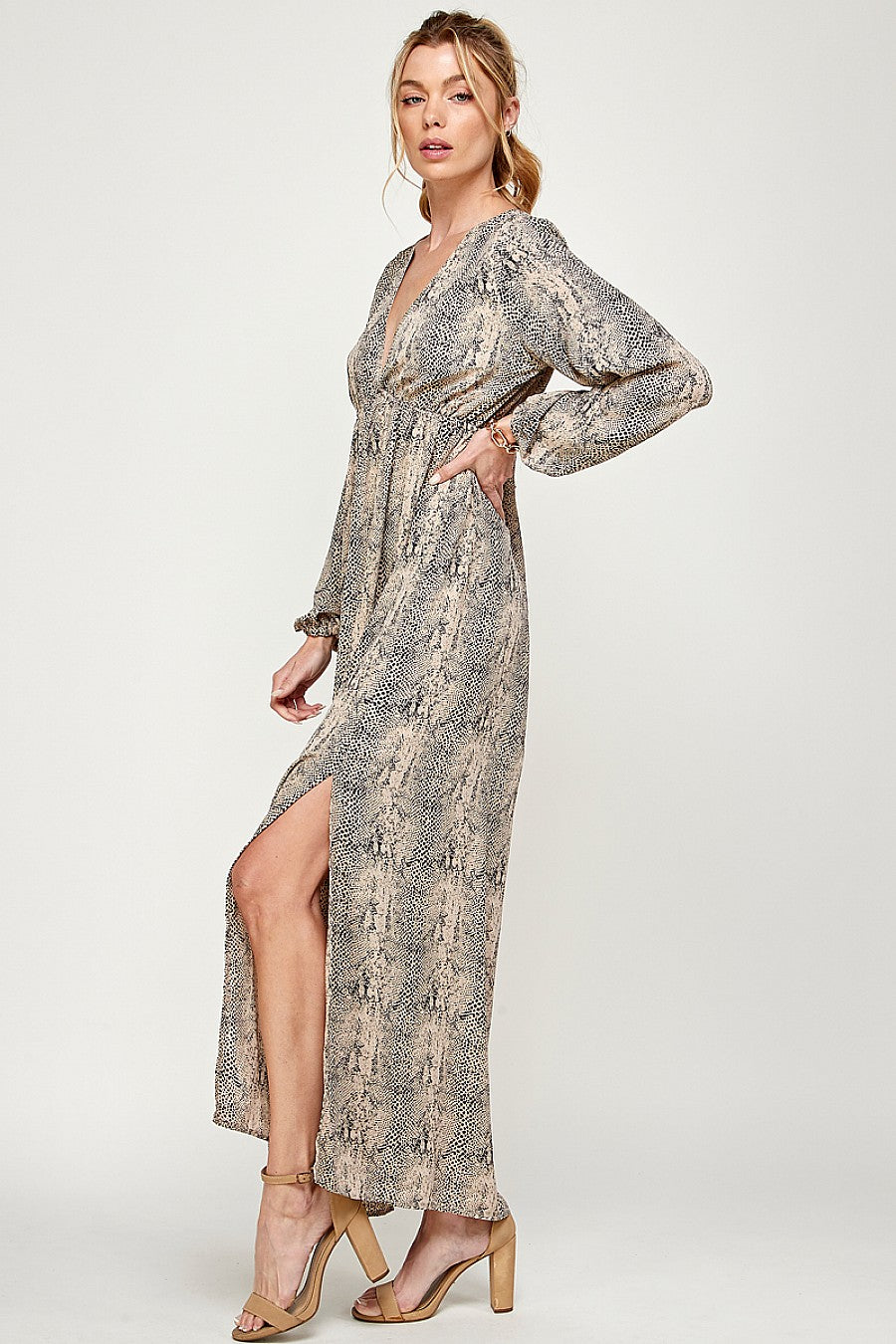 Formal Dresses Long Sleeve Animal Print Maxi Dress Taupe/Black