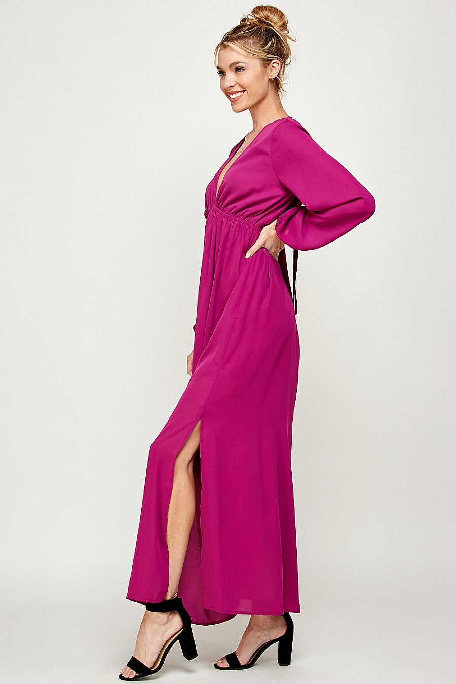 Formal Dresses Long Sleeve Side Slit Maxi Dress Magenta