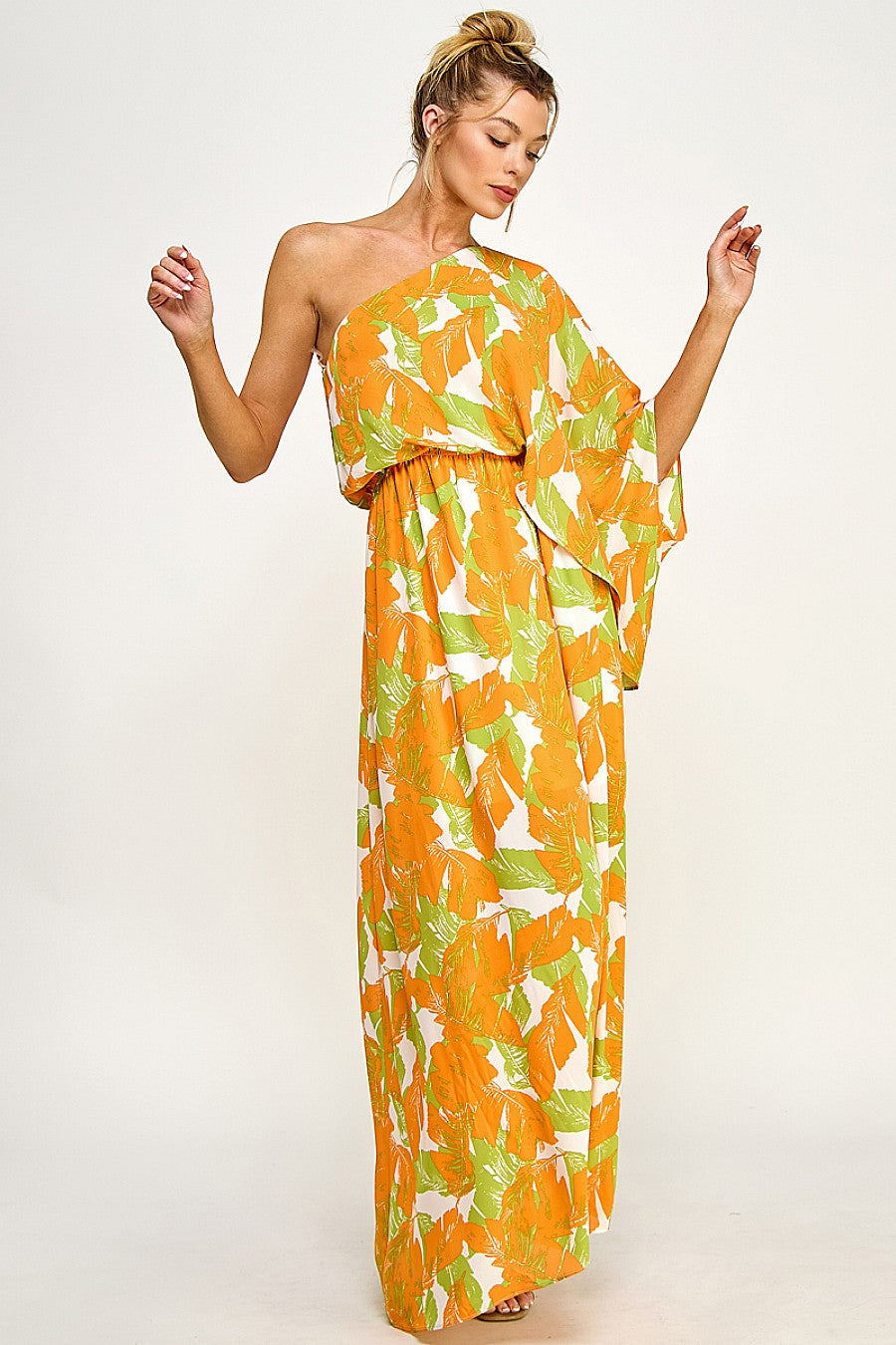 Formal Dresses Long Floral One Shoulder Dress Mango/Green