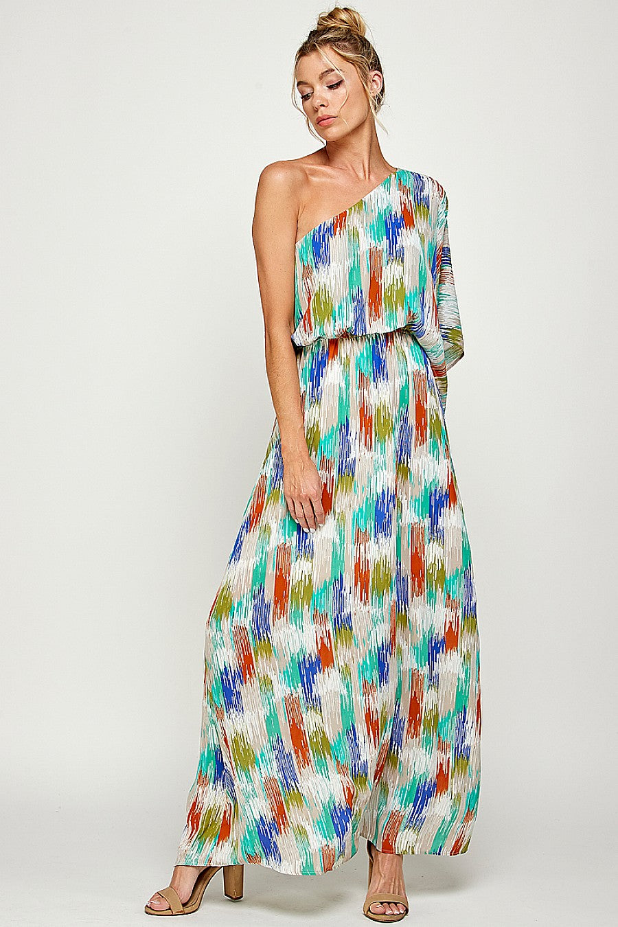 Formal Dresses Long One Shoulder Brushed Print Maxi Dress Cognac/Royal/Green