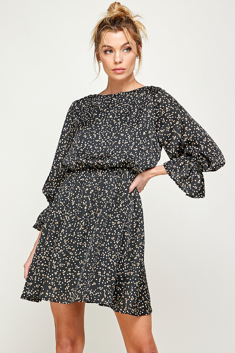 Cocktail Dresses 3/4 Sleeve Printed Short Dress Black