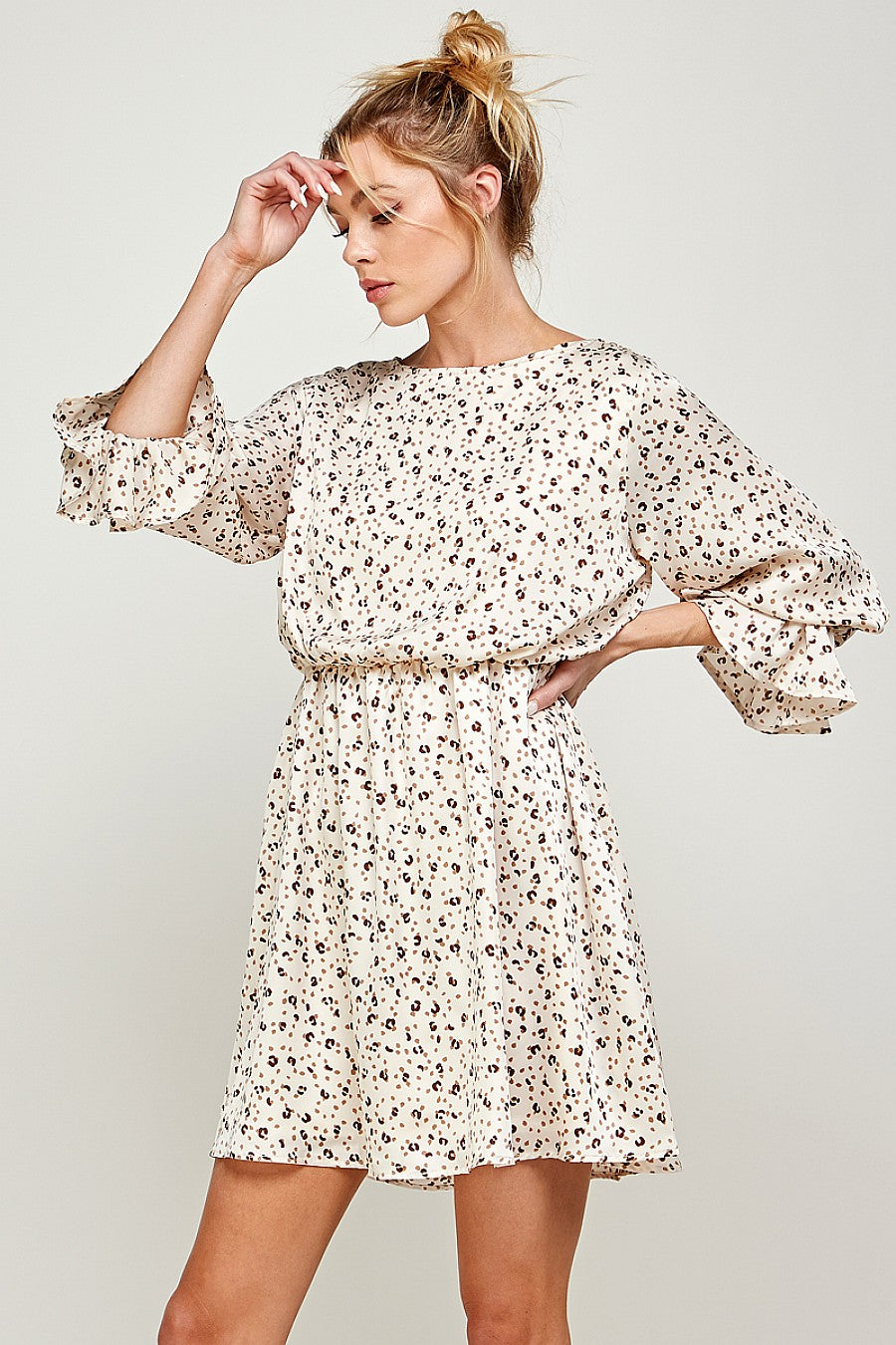 Cocktail Dresses 3/4 Sleeve Printed Short Dress Ivory/Brown