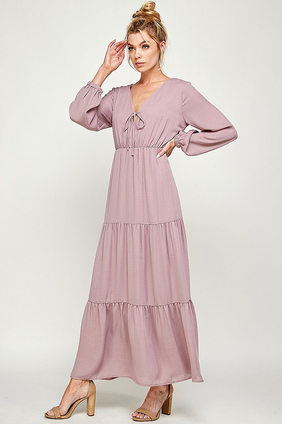 Formal Dresses Long Sleeve V Neck Maxi Dress Mauve