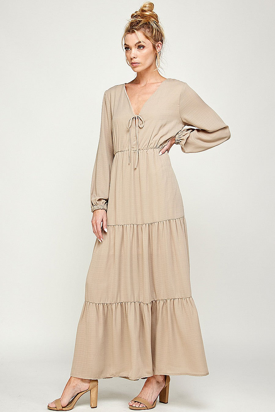 Formal Dresses Long Sleeve V Neck Maxi Dress Mocha