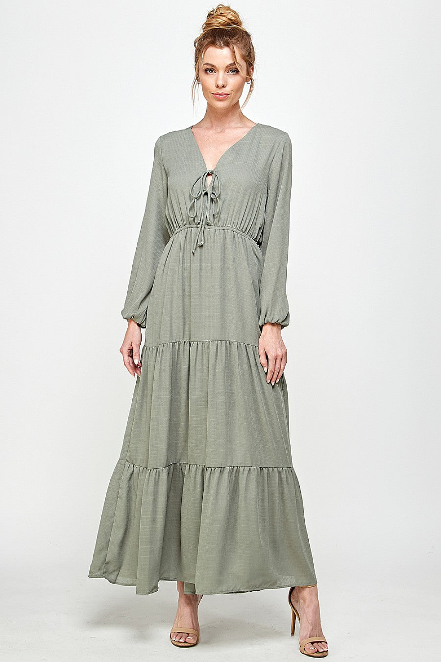 Formal Dresses Long Sleeve V Neck Maxi Dress Olive