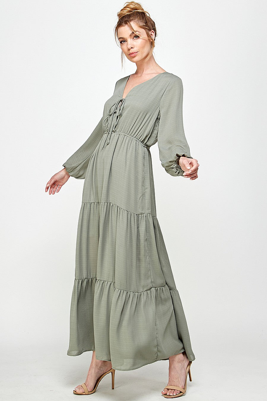 Formal Dresses Long Sleeve V Neck Maxi Dress Olive