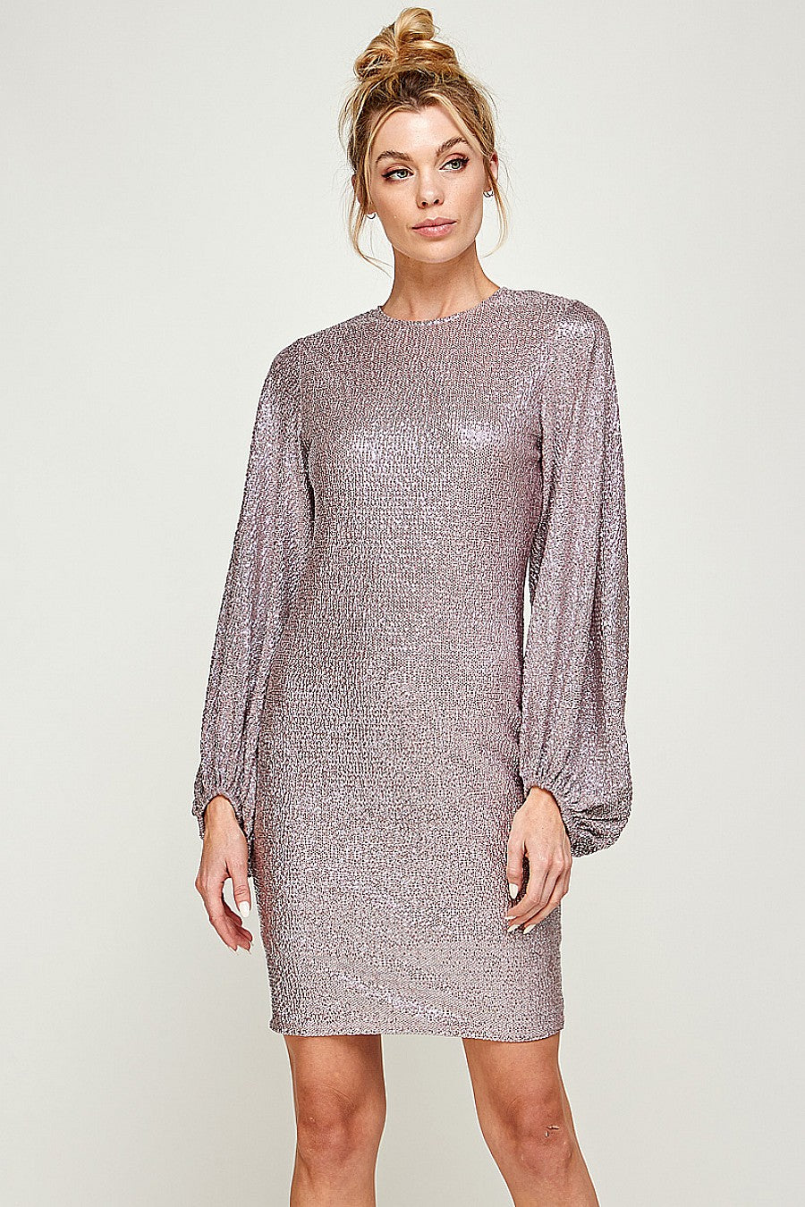 Cocktail Dresses Short Fitted Long Sleeve Shiny Dress Rose