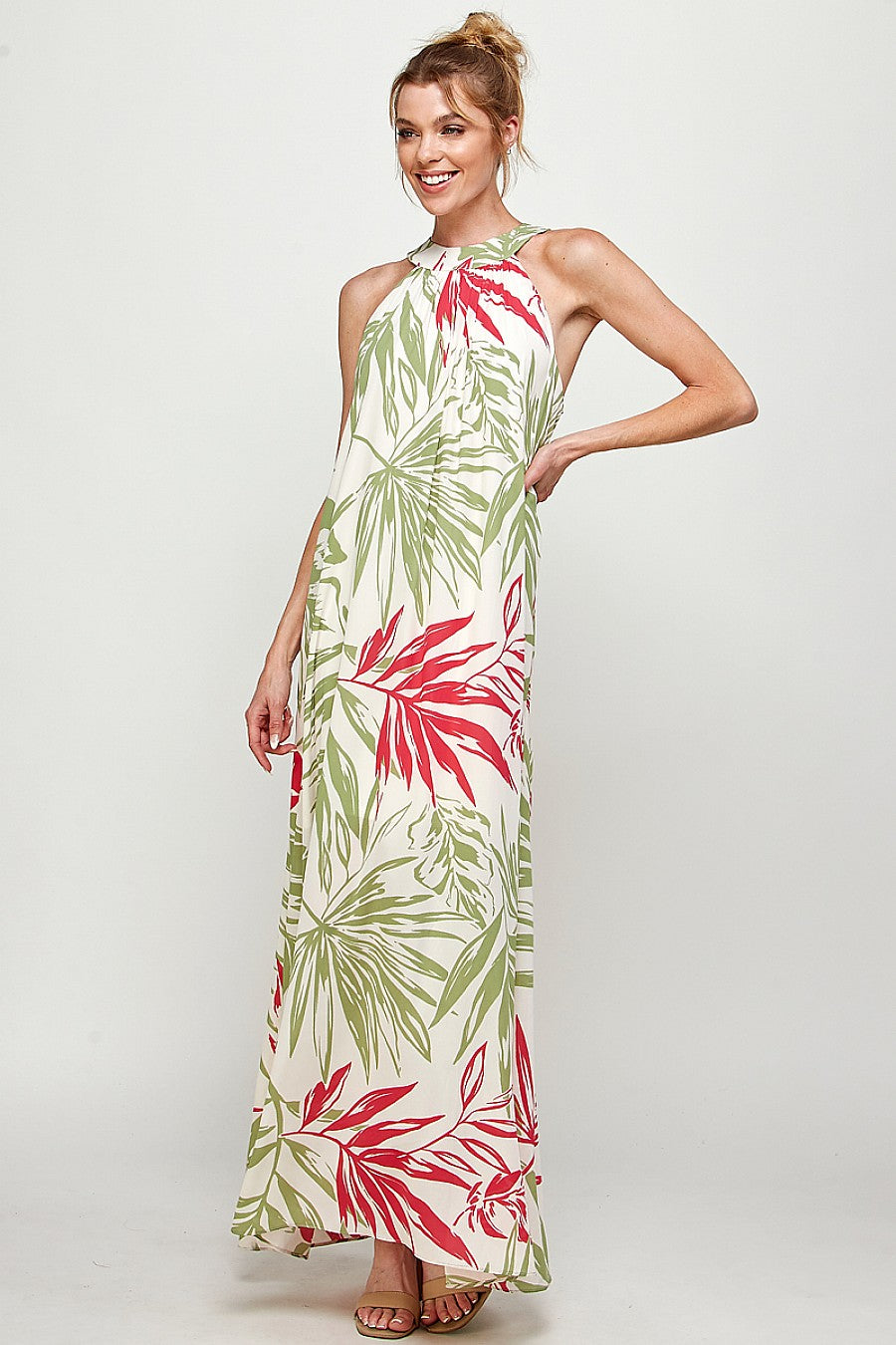 Formal Dresses Long Tropical Print Halter Maxi Dress Off White/Pink