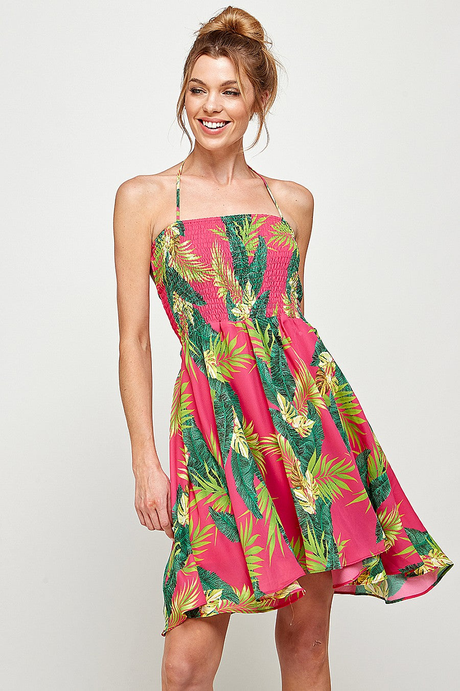 Cocktail Dresses Short Halter Neck Tropical Print Dress Fuchsia/Green