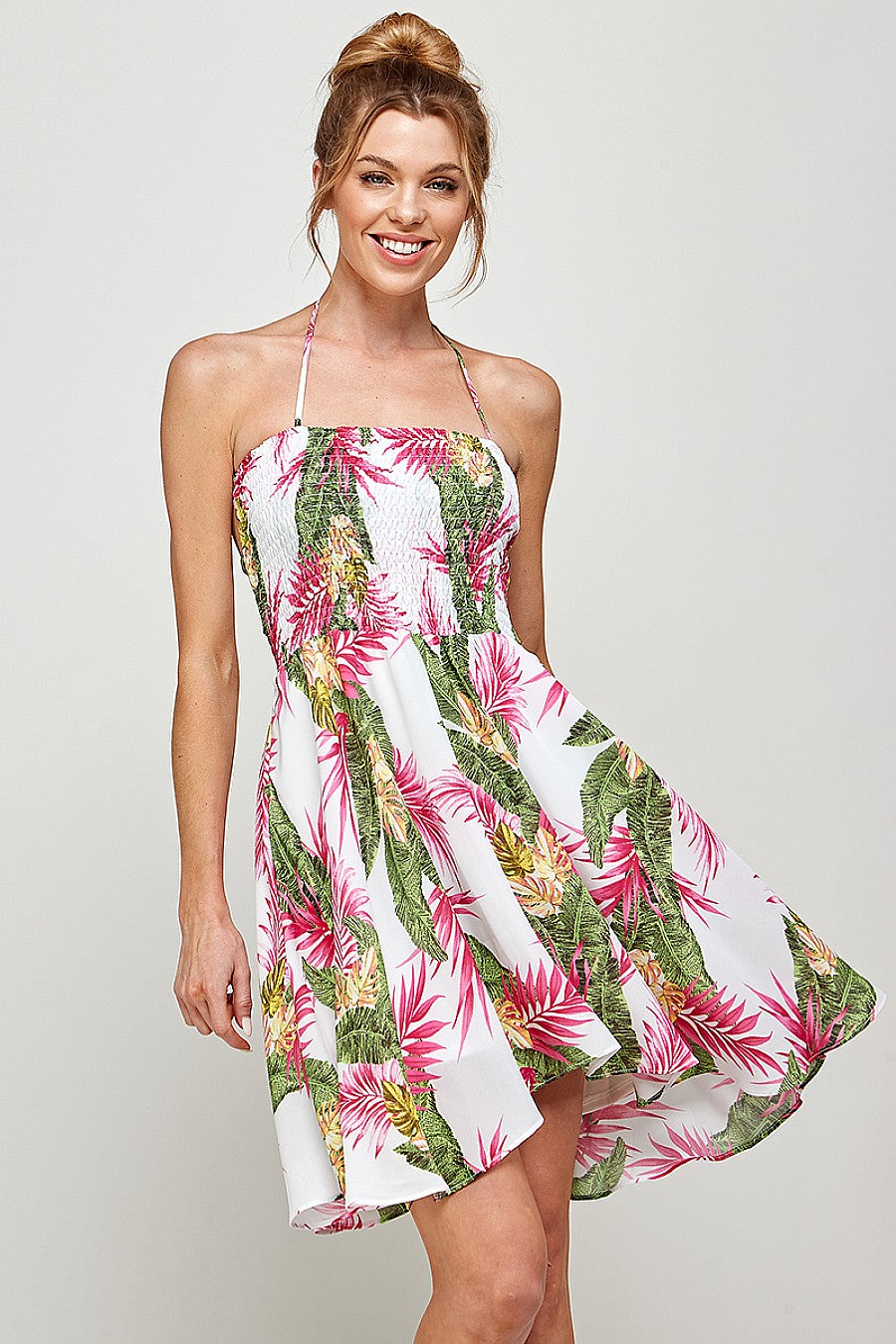 Cocktail Dresses Short Halter Neck Tropical Print Dress White/Pink