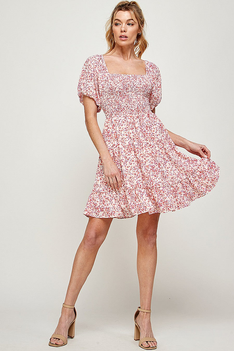 Cocktail Dresses Short Puff Sleeve Printed Mini Dress White/Coral/Peach