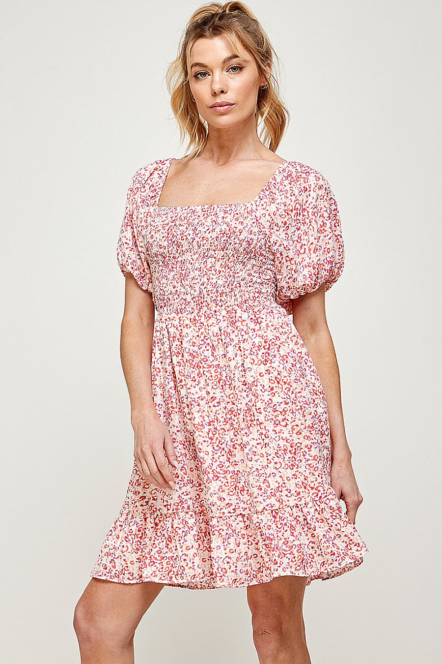 Cocktail Dresses Short Puff Sleeve Printed Mini Dress White/Coral/Peach